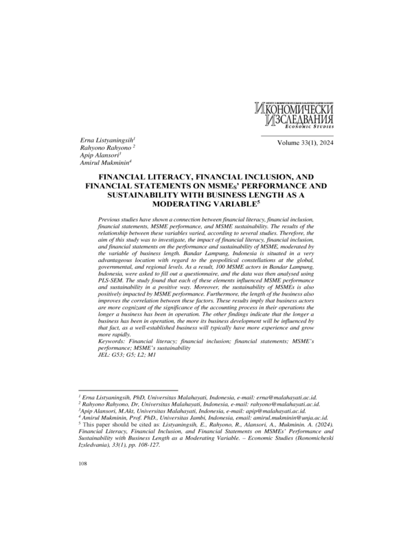 Financial Literacy, Financial Inclusion, and Financial Statements on Msmes’ Performance and Sustainability with Business Length as a Moderating Variable