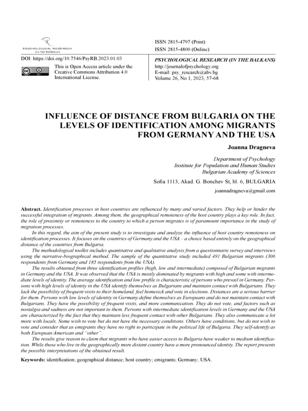 Influence of Distance from Bulgaria on the Levels of Identification Among Migrants from Germany and the USA