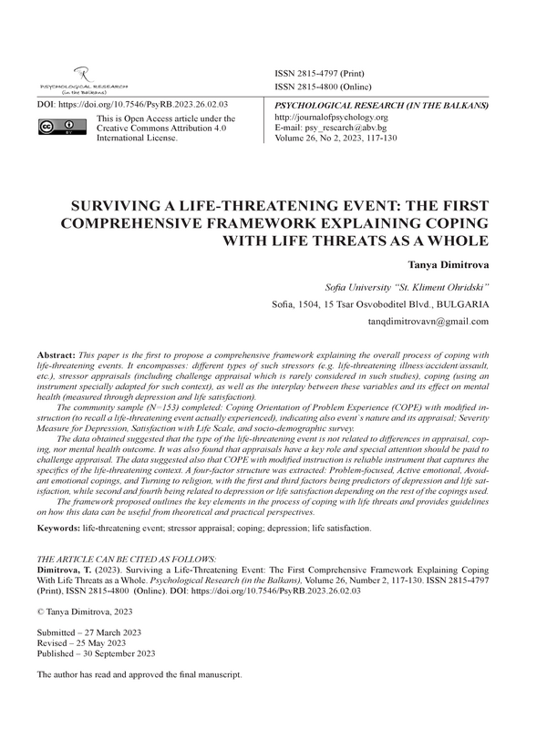 Surviving a Life-Threatening Event: The First Comprehensive Framework Explaining Coping With Life Threats as a Whole