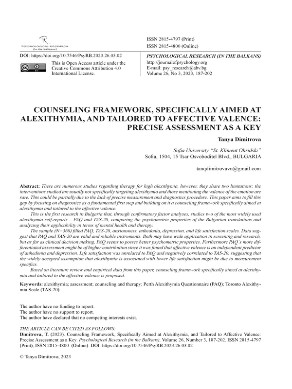 Counseling Framework, Specifically Aimed at Alexithymia, and Tailored to Affective Valence: Precise Assessment as a Key