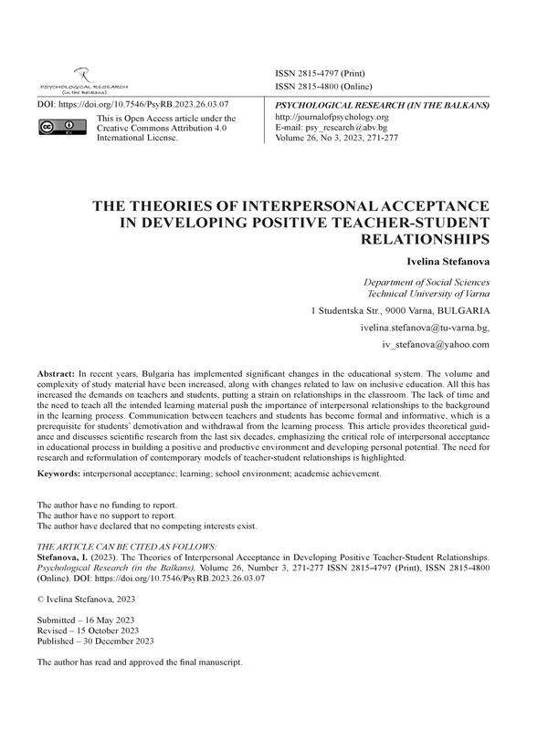 The Theories of Interpersonal Acceptance in Developing Positive Teacher-Student Relationships