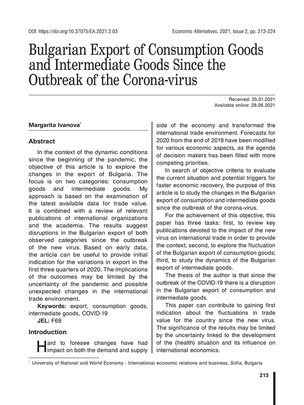 Bulgarian Export of Consumption Goods and Intermediate Goods Since the Outbreak of the Corona-virus