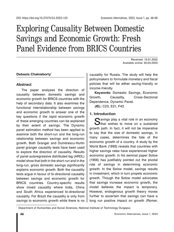 Exploring Causality Between Domestic Savings and Economic Growth: Fresh Panel Evidence from BRICS Countries