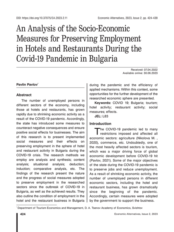 An Analysis of the Socio-Economic Measures for Preserving Employment in Hotels and Restaurants During the Covid-19 Pandemic in Bulgaria