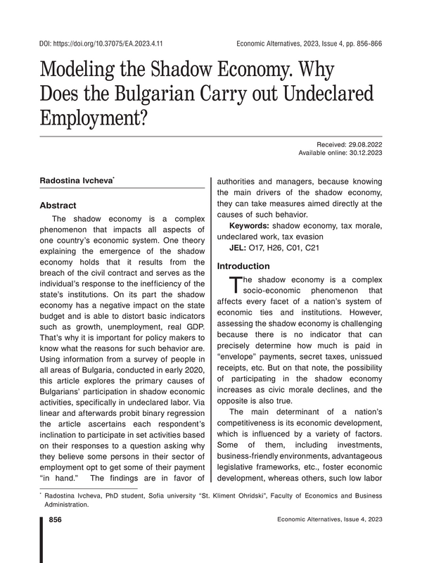 Modeling the Shadow Economy. Why Does the Bulgarian Carry out Undeclared Employment?