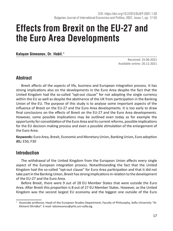 Effects from Brexit on the EU-27 and the Euro Area Developments