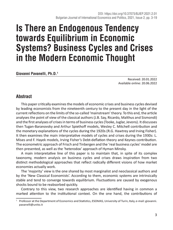 Is There an Endogenous Tendency towards Equilibrium in Economic Systems? Business Cycles and Crises in the Modern Economic Thought