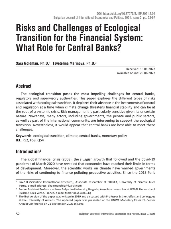 Risks and Challenges of Ecological Transition for the Financial System: What Role for Central Banks?