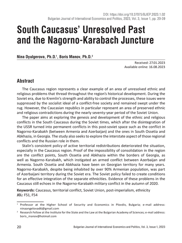 South Caucasus’ Unresolved Past and the Nagorno-Karabach Juncture