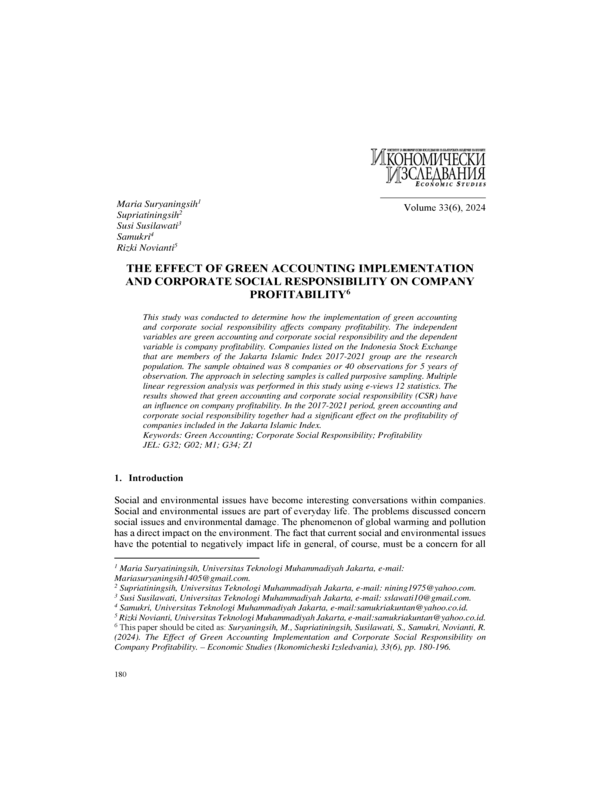 The Effect of Green Accounting Implementation and Corporate Social Responsibility on Company Profitability