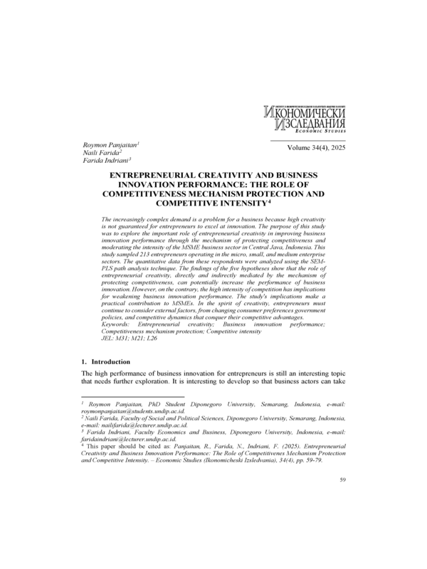 Entrepreneurial Creativity and Business Innovation Performance: The Role of Competitivenes Mechanism Protection and Competitive Intensity