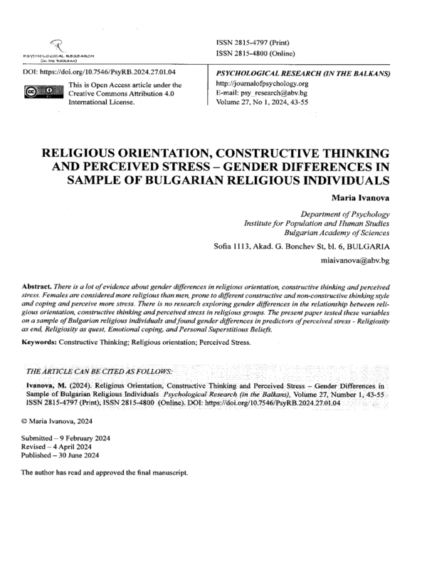 Religious Orientation, Constructive Thinking and Perceived Stress-Gender Differences in Sample of Bulgarian Religious Individuals