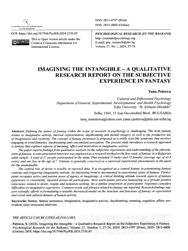 Imagining the Intangible - a Qualitative Research Report on the Subjective Experience in Fantasy