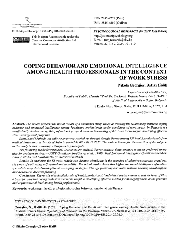 Coping Behavior and Emotional Intelligence Among Health Professionals in the Context of Work Stress