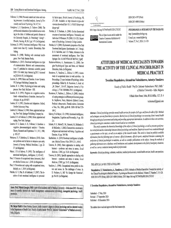Attitudes of Medical Specialists Towards the Activity of the Clinical Psychologist in Medical Practice