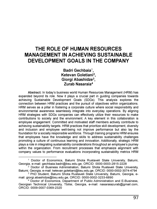 The Role of Human Resources Management in Achieving Sustainable Development Goals in the Company