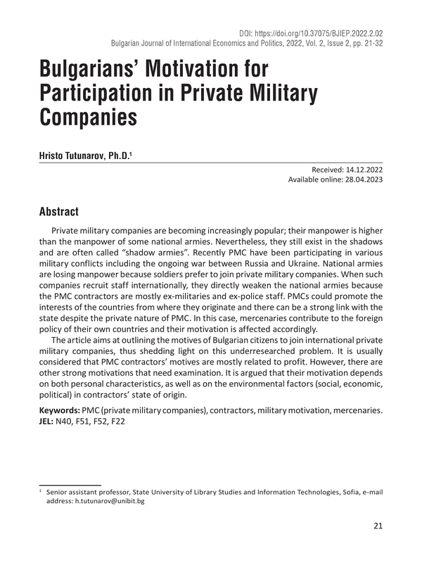 Bulgarians’ Motivation for Participation in Private Military Companies