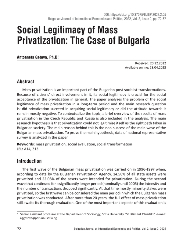Social Legitimacy of Mass Privatization: The Case of Bulgaria