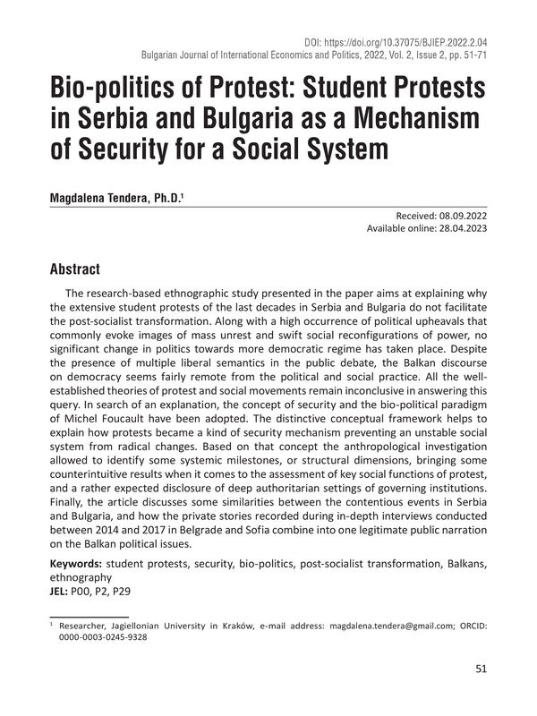 Bio-politics of Protest: Student Protests in Serbia and Bulgaria as a Mechanism of Security for a Social System