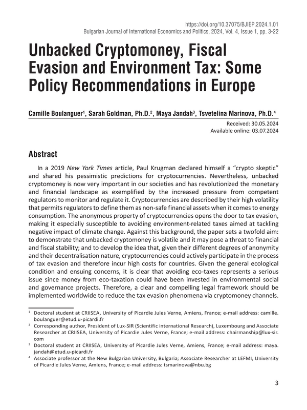 Unbacked Cryptomoney, Fiscal Evasion and Environment Tax: Some Policy Recommendations in Europe