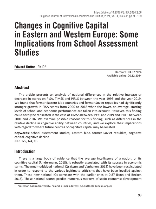Changes in Cognitive Capital in Eastern and Western Europe: Some Implications from School Assessment Studies