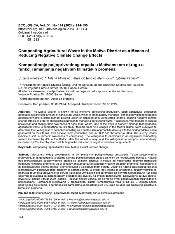 Composting Agricultural Waste in the Macva District as a Means of Reducing Negative Climate Change Effects