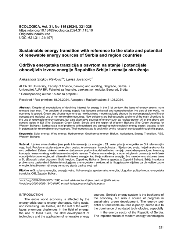 Sustainable Energy Transition with Reference to the State and Potential of Renewable Energy Sources of Serbia and Region Countries