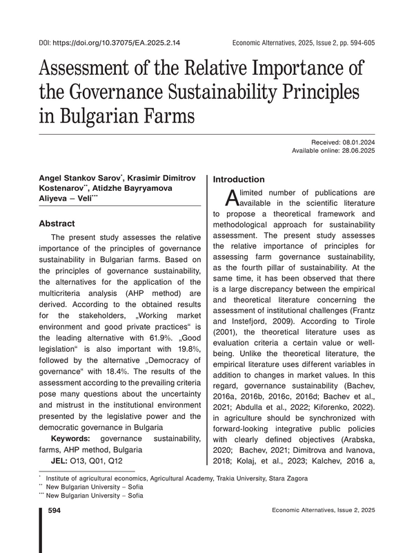 Assessment of the Relative Importance of the Governance Sustainability Principles in Bulgarian Farms