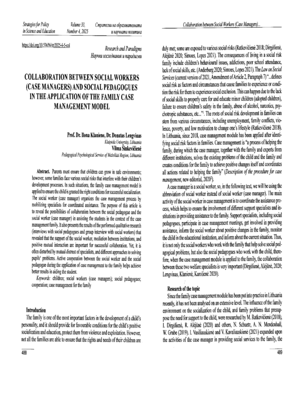 Collaboration between Social Workers (Case Managers) and Social Pedagogues in the Application of the Family Case Management Model