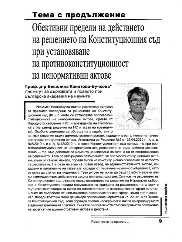 Обективни предели на действието на решението на Конституционния съд при установяване на противоконституционност на ненормативни актове
