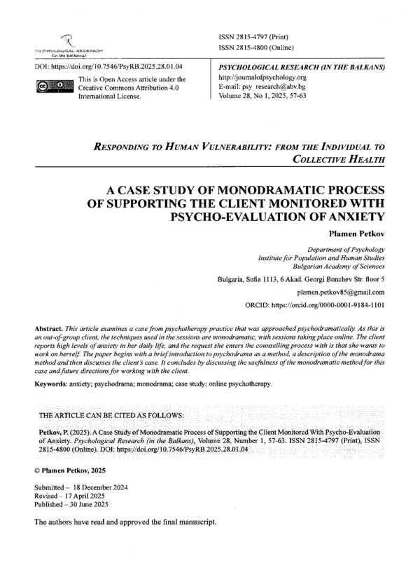 A Case Study of Monodramatic Process of Supporting the Client Monitored With Psycho-Evalution of Anxiety