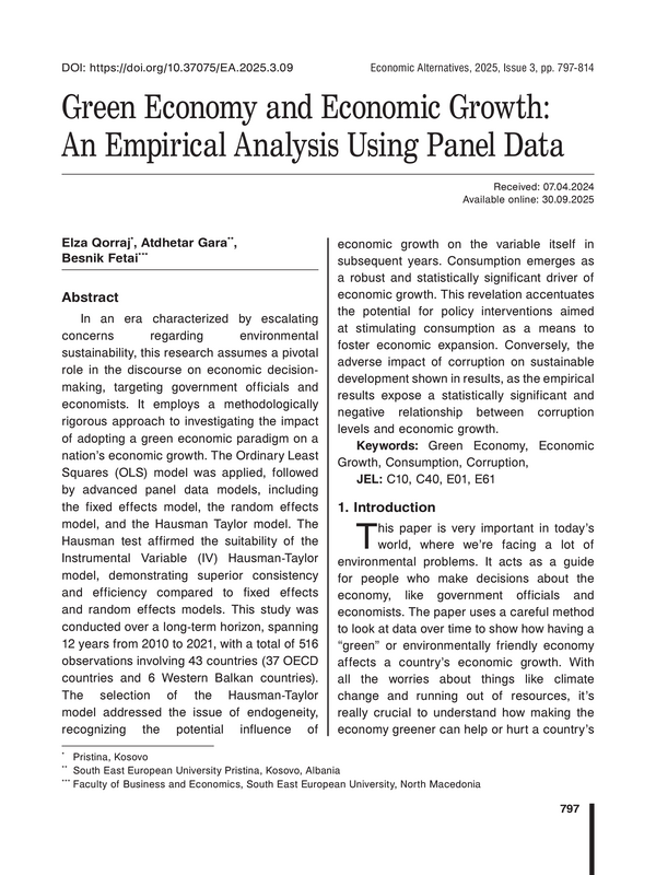 Green Economy and Economic Growth: An Empirical Analysis Using Panel Data