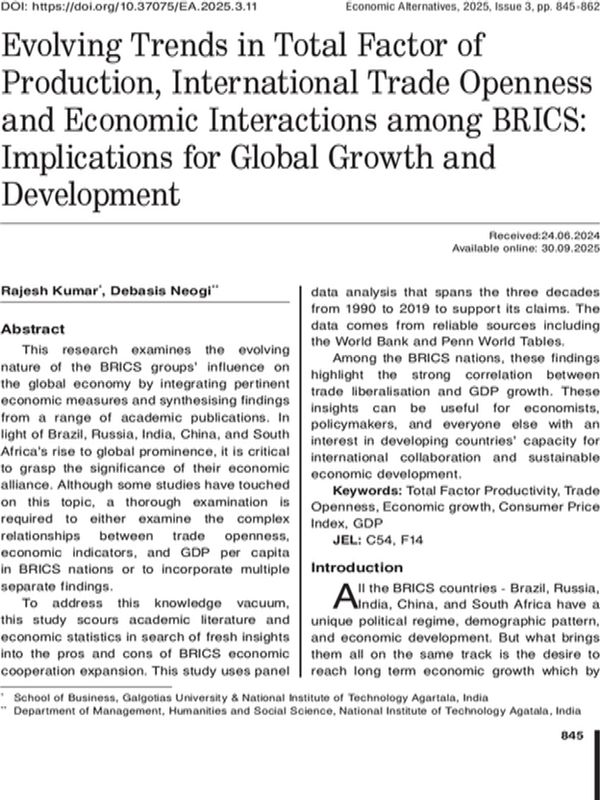 Evolving Trends in Total Factor of Production, International Trade Openness and Economic Interactions among BRICS: Implications for Global Growth and Development