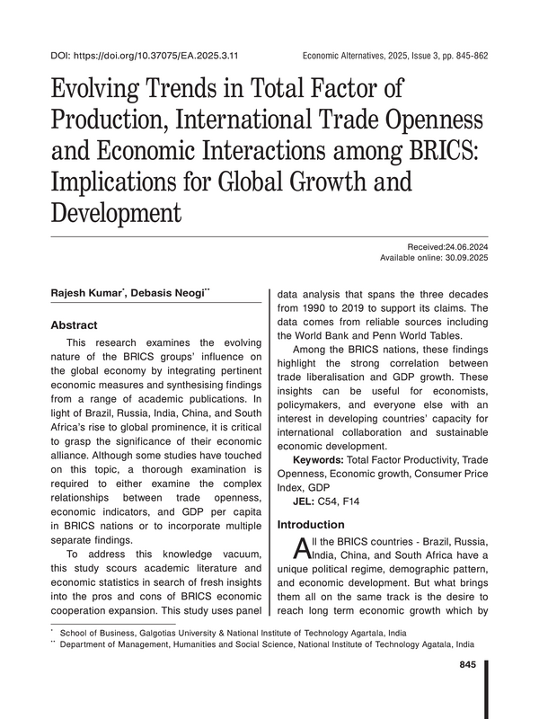 Evolving Trends in Total Factor of Production, International Trade Openness and Economic Interactions among BRICS: Implications for Global Growth and Development