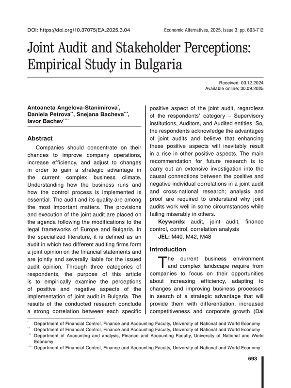 Joint Audit and Stakeholder Perceptions: Empirical Study in Bulgaria