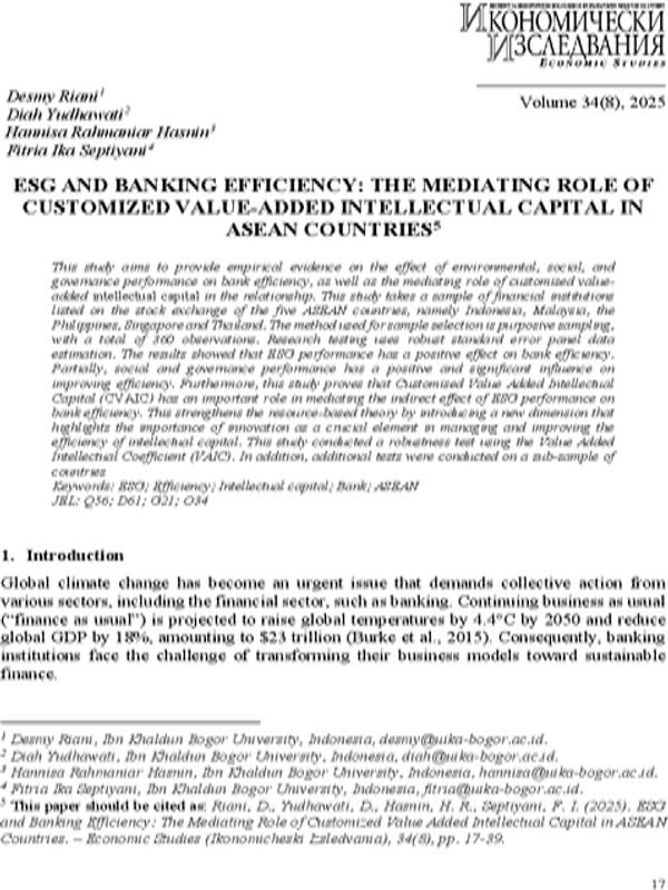 ESG and Banking Efficiency: The Mediating Role of Customized Value Added Intellectual Capital in ASEAN Countries