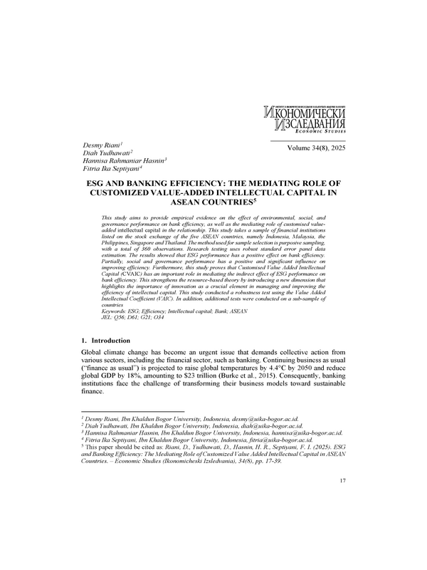 ESG and Banking Efficiency: The Mediating Role of Customized Value Added Intellectual Capital in ASEAN Countries