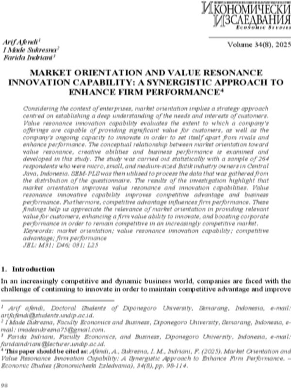 Market Orientation and Value Resonance Innovation Capability: A Synergistic Approach to Enhance Firm Performance