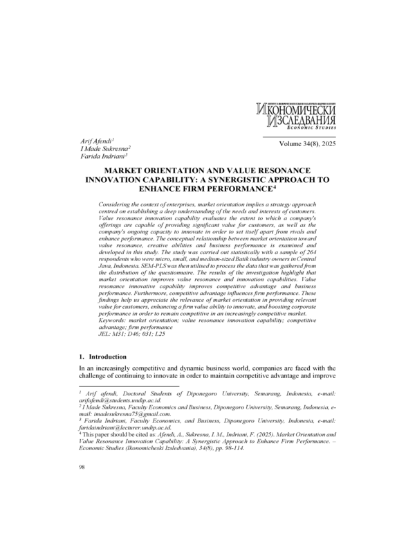 Market Orientation and Value Resonance Innovation Capability: A Synergistic Approach to Enhance Firm Performance