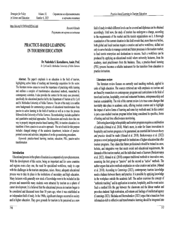 Practice-Based Learning in Tourism Education