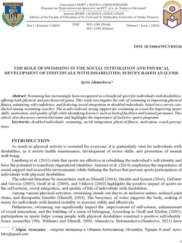 The Role of Swimming in the Social Integration and Physical Development of Individuals with Disabilities: Survey-based Analysis