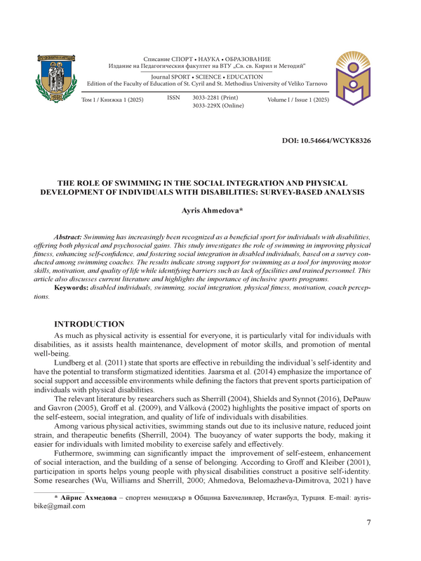 The Role of Swimming in the Social Integration and Physical Development of Individuals with Disabilities: Survey-based Analysis