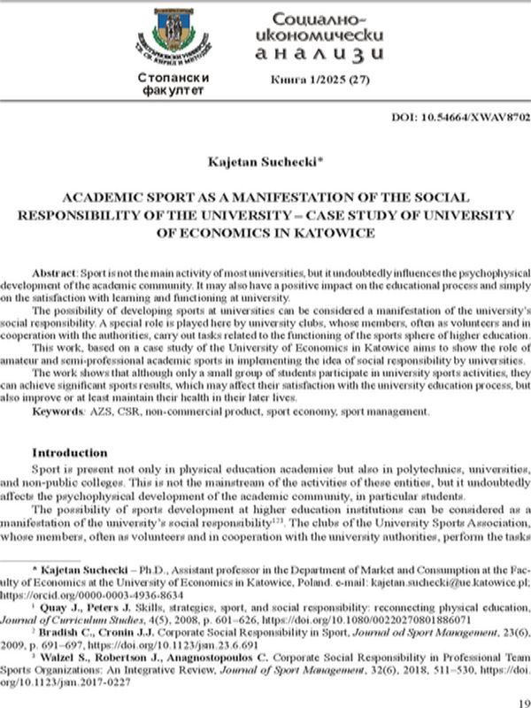 Academic Sport as a Manifestation of the Social Responsibility of the University – Case Study of University of Economics in Katowice