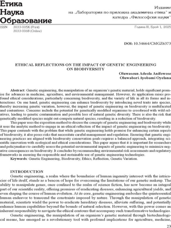 Ethical Reflections on The Impact of Genetic Engineering on Biodiversity