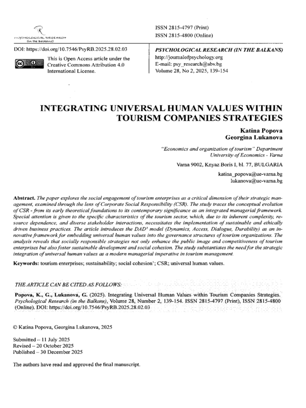 Integrating Universal Human Values within Tourism Companies Strategies