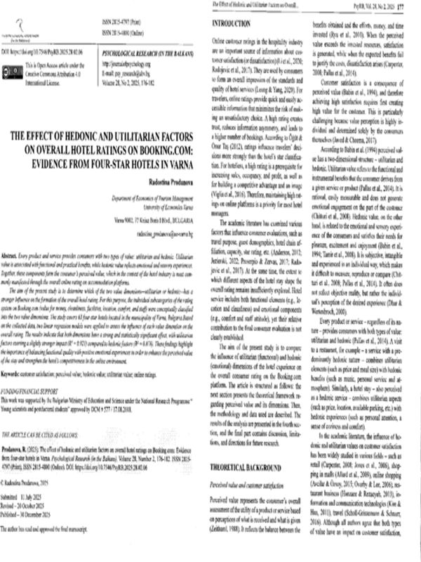 The Effect of Hedonic and Utilitarian factors on Overall Hotel Ratings on Bookong.com: Evidence from Four-Star Hotels in Varna