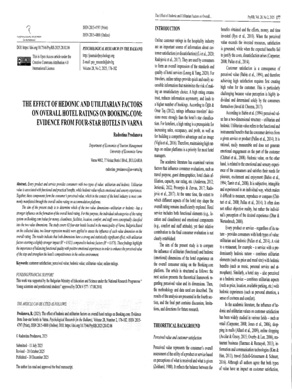 The Effect of Hedonic and Utilitarian factors on Overall Hotel Ratings on Bookong.com: Evidence from Four-Star Hotels in Varna