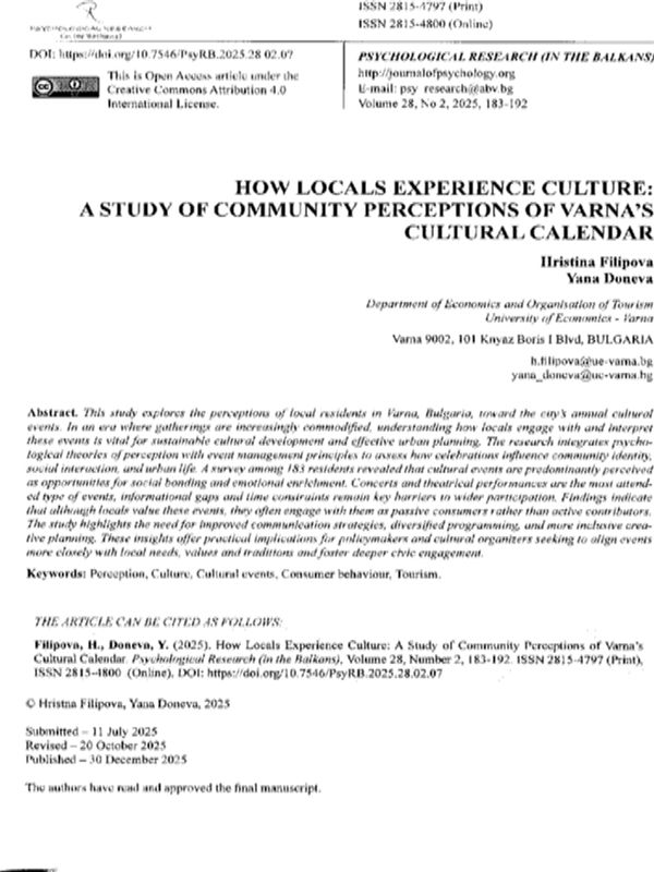 How Locals Experience Culture: A study of Community Perceptions of Varna's Cultural Calendar
