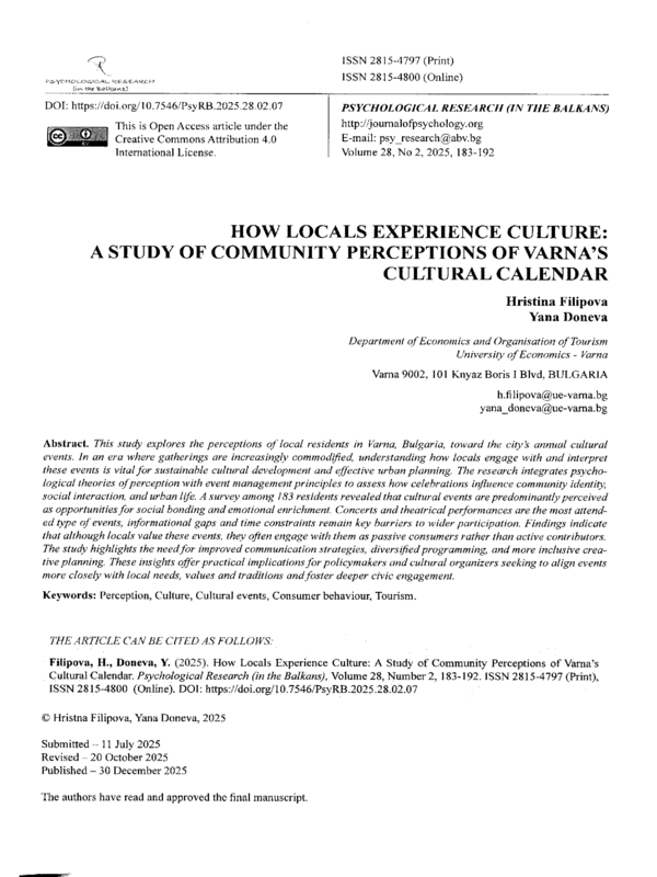 How Locals Experience Culture: A study of Community Perceptions of Varna's Cultural Calendar