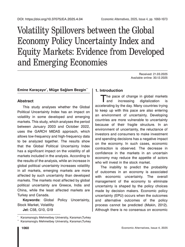 Volatility Spillovers between the Global Economy Policy Uncertainty Index and Equity Markets: Evidence from Developed and Emerging Economies
